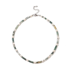 Moss Agate Natural Moss Agate & Pearl & Crystal Rhinestone Beaded Necklace for Women, 16.89 inch(42.9cm)