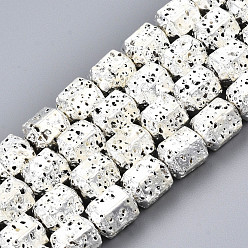 Silver Plated Electroplated Natural Lava Rock Beads Strands, Hexagon, Bumpy, Silver Plated, 8x7.5x6.5mm, Hole: 1.2mm, about 50pcs/strand, 15.35 inch~15.75 inch(39cm~40cm)