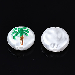 Verde 3 d cuentas de perlas de imitación de plástico abs impresas, plano y redondo con el árbol de coco, verde, 12x5 mm, agujero: 1.5 mm