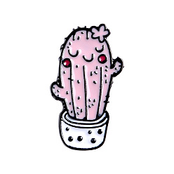 Pink Broches créatives en alliage de zinc, épinglette en émail, avec des embrayages papillon en fer ou des embrayages en caoutchouc, électrophorèse couleur noire, cactus, rose, 30x17 mm, broches: 1 mm