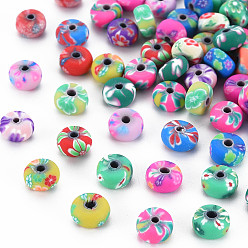 Mixed Color Handmade Polymer Clay Beads, Flat Round, Mixed Color, 6.5x3.5mm, Hole: 1.6mm