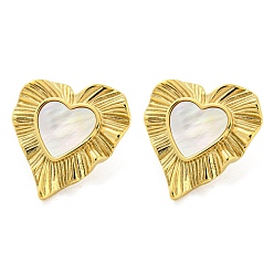 Real 14K Gold Plated 304 Stainless Steel Heart Stud Earrings, with Natural Shell, Real 14K Gold Plated, 26x25mm