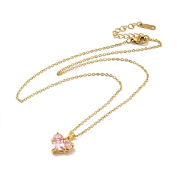 Heart Pink Cubic Zirconia Pendant Necklace, Golden Brass Jewelry for Women, Heart Pattern, Heart: 12x12.5x4.5mm, 16.14 inch(41cm)