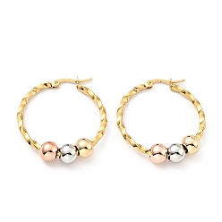 Mixed Color Vacuum Plating 201 Stainless Steel Beaded Hoop Earrings with 316 Stainless Steel Pins for Women, Mixed Color, 35x2.5mm, Pin: 0.6mm