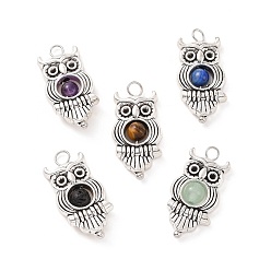 Mixed Stone Natural Mixed Stone Pendants, Owl Charm, with Antique Silver Tone Alloy Findings, 23x11.5x4.5mm, Hole: 1.7mm