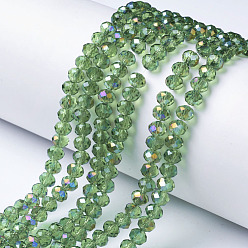Бледно-Зеленый Гальванизируйте прозрачное стекло бисер нитей, с половиным покрытием цвета радуги, граненые, рондель, бледно-зеленый, 6x5 мм, отверстие : 1 мм, около 85~88 шт / нитка, 16.1~16.5 дюйм (41~42 см)