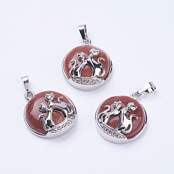 Goldstone Synthetic Goldstone Pendants, with Brass Findings, Flat Round with Fox, Platinum, 28~29x23~24x9~10mm, Hole: 5x7mm