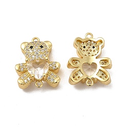 Clear Rack Plating Brass Micro Pave Clear Cubic Zirconia Connector Charms, Bear Links with Glass, Long-Lasting Plated, Cadmium Free & Lead Free, Real 18K Gold Plated, Clear, 20x16x7mm, Hole: 1.2mm