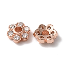 Rose Gold Rack Plating Brass Cubic Zirconia Bead Cap, Cadmium Free & Lead Free, Long-Lasting Plated, Flower, 6-Petal, Rose Gold, 8x7x2.5mm, Hole: 2mm