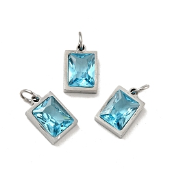 Pale Turquoise 304 Stainless Steel Pendants, with Cubic Zirconia and Jump Rings, Single Stone Charms, Rectangle, Stainless Steel Color, Pale Turquoise, 11.5x8x3.5mm, Hole: 3.6mm