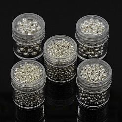 Argent De fer ronde perles d'espacement, couleur argent plaqué, 2~5mm, trou: 1~2mm (cinq dimensions: 5mm, trou: 2mm, 4mm, trou: 1.7mm, 3mm, trou: 1.2mm, 2.5mm, trou: 1mm, 2mm, trou: 0.8mm)