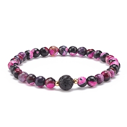 Deep Pink Natural Fire Crackle Agate & Lava Rock Stretch Bracelet, Essential Oil Gemstone Jewelry for Women, Deep Pink, Inner Diameter: 2-1/4 inch(5.6cm)
