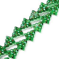 Vert Brins de perles de verre bosselées faites à la main, teints et chauffée, teints et chauffée, avec l'émail, arbres de Noël, verte, 16~16.5x14.5~15x7~7.5mm, Trou: 1.2mm, Environ 22 pcs/chapelet, 13.98~14.17 pouce (35.5~36 cm)