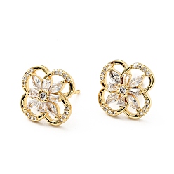 Real 18K Gold Plated Clear Cubic Zirconia Flower Stud Earrings, Brass Jewelry for Women, Cadmium Free & Lead Free, Real 18K Gold Plated, 14x14x3mm, Pin: 0.8mm