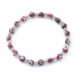 Pourpre Bracelets extensibles en perles de chalumeau ronds faits à la main, avec alliage de perles d'entretoise, argent antique, pourpre, diamètre intérieur: 2 pouce (5.2 cm)