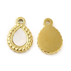 Seashell Color Natural White Shell Teardrop Charms, with Vacuum Plating Real 18K Gold Plated 201 Stainless Steel Findings, Seashell Color, 15x10x2.5mm, Hole: 1.8mm