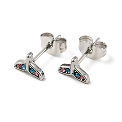 Colorful Rhinestone Whale Tail Shape Stud Earrings with 316 Surgical Stainless Steel Pins, Stainless Steel Color Plated 304 Stainless Steel Jewelry for Women, Colorful, 5.5x7.5mm, Pin: 0.8mm