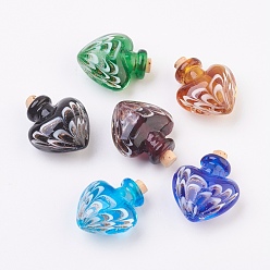 Mixed Color Handmade Lampwork Perfume Bottle Pendants, Essential Oil Bottle, with Gold Sand, Heart, Mixed Color, 30~31mm, Hole: 5~5.5mm, Bottle Capacity: 0.5~1ml(0.017~0.03 fl. oz)