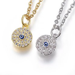 Mixed Color 304 Stainless Steel Pendant Necklaces, with Cubic Zirconia and Enamel, Flat Round, Clear, Mixed Color, 17.71 inch(45cm)