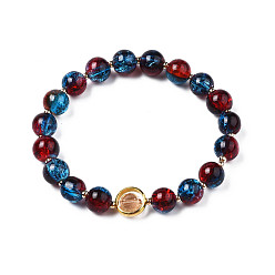 Rouge Bracelet extensible en perles de verre rondes avec anneau en laiton plaqué or pour femme, rouge, diamètre intérieur: 2 pouce (5 cm)