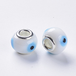 Light Sky Blue Handmade Lampwork European Beads, Large Hole Beads, with Silver Color Plated Brass Double Cores, Rondelle, Light Sky Blue, 14x11mm, Hole: 5mm