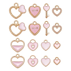 Pink 80 pcs 8 pendentifs en émail en alliage d'or léger de style, pour Saint Valentin, cœur, rose, 8.5~18x7~18x1.5~3mm, Trou: 1.6~2mm, 10 pcs / style
