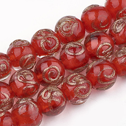 Rouge Perles au chalumeau de sable d'or faites à la main , ronde, rouge, 11.5~12.5x11~12mm, Trou: 1.5~2mm