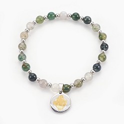 Moss Agate 304 Stainless Steel Charms Bracelets, with Natural Moss Agate and Stainless Steel Beads, Flat Round with Saint, 58mm