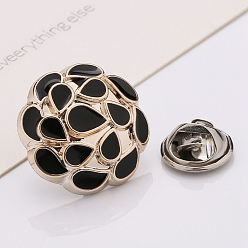 Black Plastic Brooch, Alloy Pin, with Enamel, for Garment Accessories, Round with Teardrop, Black, 18mm