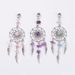 Mixed Stone Tibetan Style Alloy European Dangle Charms, with Natural Chip Gemstone, Woven Net/Web with Feather, 92.5mm, Hole: 5mm