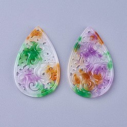 Colorful Carved Natural White Jade Pendants, Dyed, Teardrop, Colorful, 39.5~40x24~25x2.5~3.5mm, Hole: 1.2mm