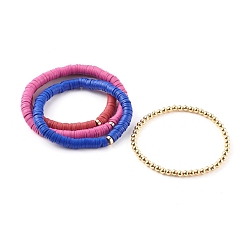 Mixed Color Stretch Beaded Bracelets Sets, with Handmade Polymer Clay Heishi Beads and Brass Round Beads, Golden, Mixed Color, Inner Diameter: 2-1/8 inch(5.3cm), 2-1/8 inch(5.4cm), 4pcs/set