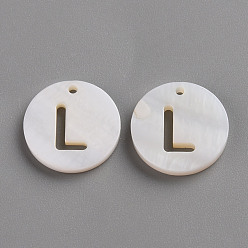 Letter L Natural Freshwater Shell Pendants, Flat Round with Letter, Letter.L, 12x1.5mm, Hole: 1mm