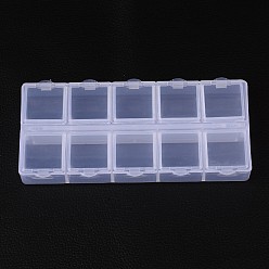 Blanco Contenedores de perlas de plástico cuboide, tapa abatible de almacenamiento de cuentas, 10 compartimentos, blanco, 13.2x6.2x2.05 cm