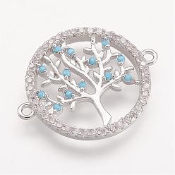 Platinum Brass Micro Pave Cubic Zirconia Links, Flat Round with Tree of Life, Platinum, 24x19x2mm, Hole: 1mm