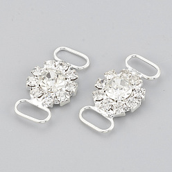 Plata Conectores de enlaces de múltiples piedras de diamantes de imitación de latón, con diamantes de imitación de acrílico, plano y redondo, el color plateado de plata, 28x15.5x6 mm, agujero: 4x9.5 mm