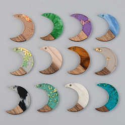 Mixed Color Resin & Walnut Wood Pendants, Moon, Mixed Color, 28x22x3mm, Hole: 2mm