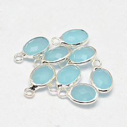 Pale Turquoise Oval Faceted Silver Tone Brass Glass Charms, Pale Turquoise, 12x7x3.5mm, Hole: 1mm
