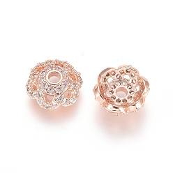 Or Rose Laiton micro pavé capuchon de perles de zircon cubique, 6 pétales, fleur, clair, or rose, 8x3mm, Trou: 1.5mm