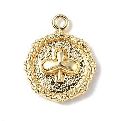 Real 18K Gold Plated & Gunmetal Brass Pendants, Textured, Real 18K Gold Plated, Flat Round with Playing Cards Charm, Club, 15.5x12.5x2.5mm, Hole: 1.4mm