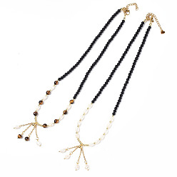 Mixed Material Tassel Pendant Necklace with Glass Beaded Chains for Women, 17.32 inch(44cm)