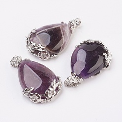 Amethyst Valentine Gifts Idea for Guys Natural Amethyst Pendants, with Brass Findings, Drop, Platinum, 38~41x26x8mm, Hole: 5x4mm