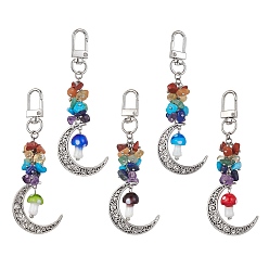 Mixed Color Moon Alloy Pendant Decoraiton, with Gemstone Chip Beads and Mushroom Handmade Lampwork Beads, Alloy Swivel Clasps, Chakra, Mixed Color, 103mm