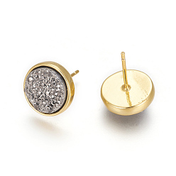 Dark Gray Druzy Resin Earrings, with Brass Finding, Flat Round, Dark Gray, 9.5x16~16.5mm, Pin: 0.8mm