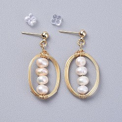 Chapado en Oro Real 18K Pendientes de perlas naturales de agua dulce, con fornituras de latón, alambre de cobre y tuercas de goma, oval, real 18 k chapado en oro, 37~38 mm, pin: 0.7 mm