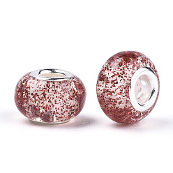 Indian Red Epoxy Resin European Beads, Large Hole Beads, with Glitter Powder and Platinum Tone Brass Double Cores, Rondelle, Indian Red, 14x9mm, Hole: 5mm