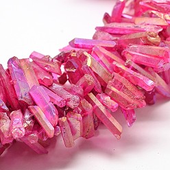 Magenta Electroplate Natural Nuggets Quartz Crystal Beads Strands, Grade AB, Dyed AB Color Plated, Magenta, 20~56x6~8x6~7mm, Hole: 1mm, about 72pcs/strand, 15.4 inch(39.1cm)