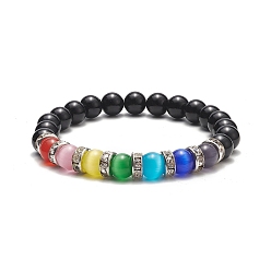 Colorful Natural Black Onyx & Cat Eye Beaded Stretch Bracelet, Gemstone Jewelry for Women, Colorful, Inner Diameter: 2-1/4 inch(5.7cm)