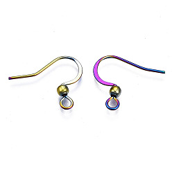 Rainbow Color Placage ionique (ip) 304 crochets de boucle d'oreille français en acier inoxydable, crochets de boucle d'oreille plats, fil d'oreille, avec perles et boucle horizontale, couleur arc en ciel, 16x18mm, Trou: 2mm, Jauge 22, pin: 0.6 mm, perle: 3 mm