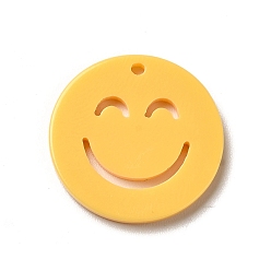Oro Colgantes de acrílico opacos, plano y redondo con la cara sonriente, oro, 19.5x2 mm, agujero: 1.4 mm
